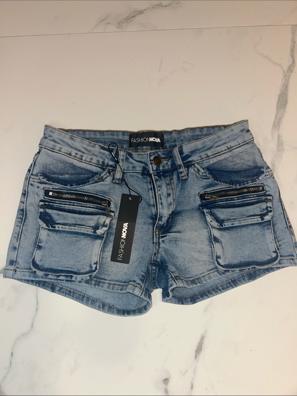 Fashion Nova Light Blue Distressed Denim Cargo Shorts